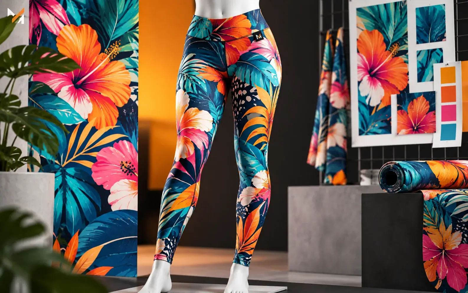Vibrant custom printed leggings with tropical floral artwork in orange, pink, teal, and navy, displayed on a mannequin in a professional print design studio.